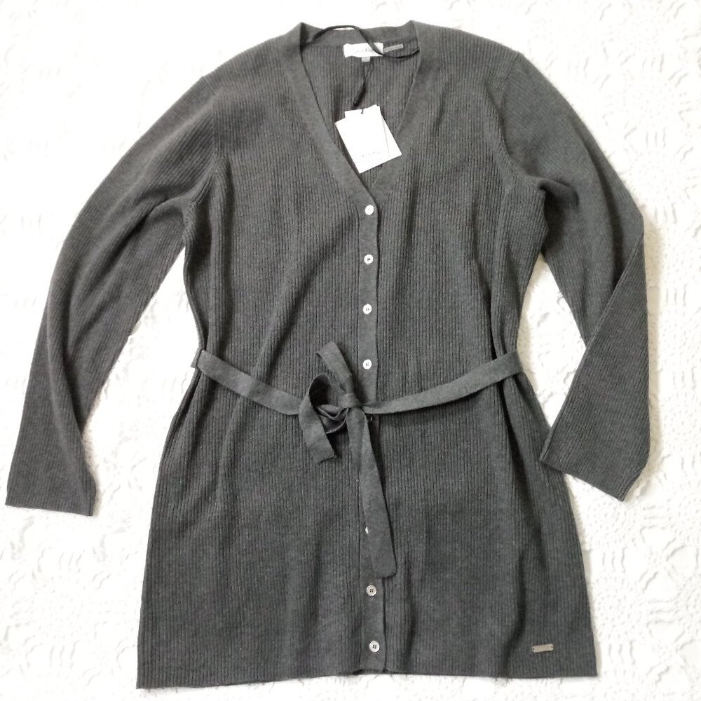 New Calvin Klein Cardigan Sweater Gray Button Up V Neck Belted Ribbed XL Women